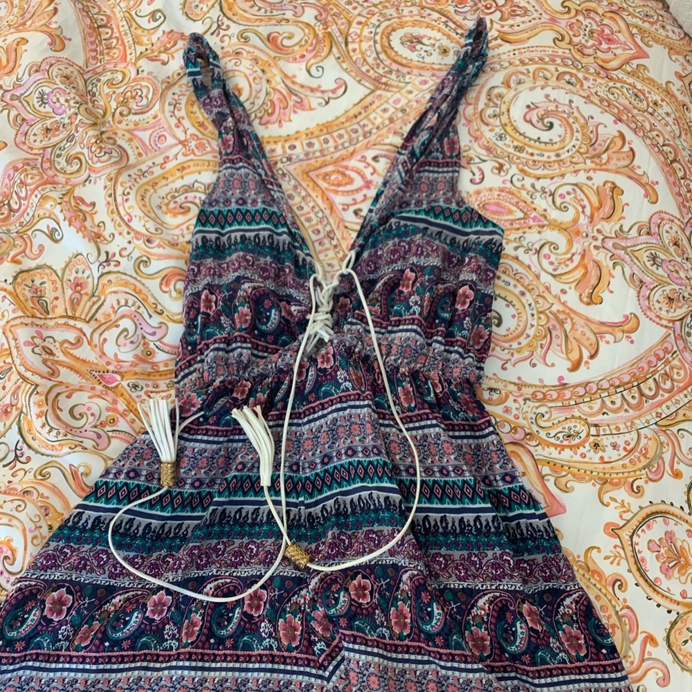 LF patterned romper with ties in back and front